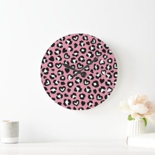 Animal Print, Pink Leopard, Cheetah Spots, Hearts Large Clock