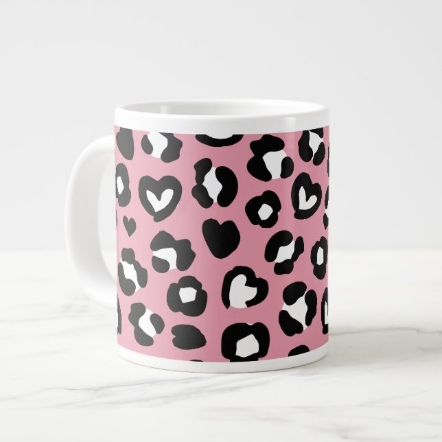 Animal Print, Pink Leopard, Cheetah Spots, Hearts Large Coffee Mug (Front Left)