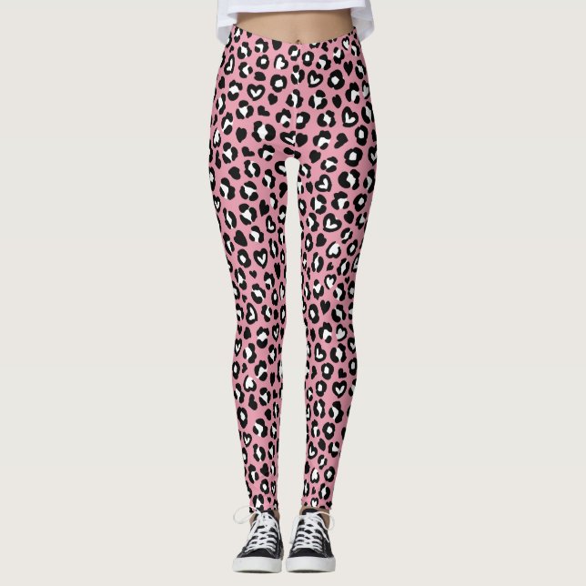 Animal Print, Pink Leopard, Cheetah Spots, Hearts Leggings (Front)