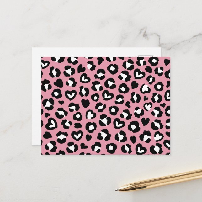 Animal Print, Pink Leopard, Cheetah Spots, Hearts Postcard (Front/Back In Situ)
