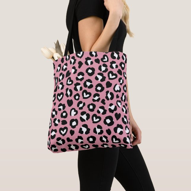 Animal Print, Pink Leopard, Cheetah Spots, Hearts Tote Bag (Close Up)
