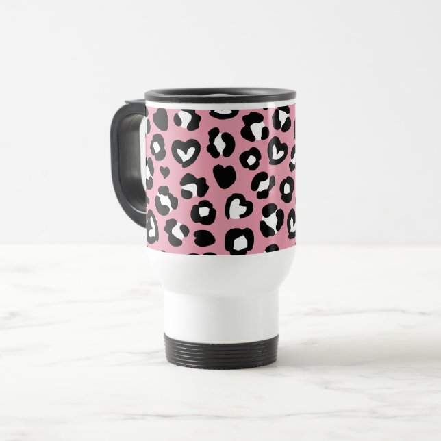 Animal Print, Pink Leopard, Cheetah Spots, Hearts Travel Mug (Front Left)