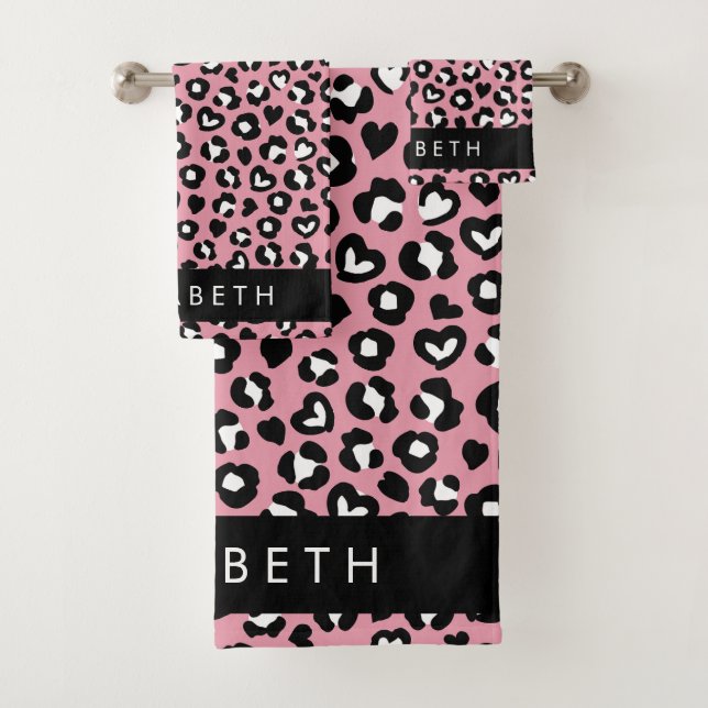 Animal Print, Pink Leopard, Hearts, Your Name Bath Towel Set (Insitu)
