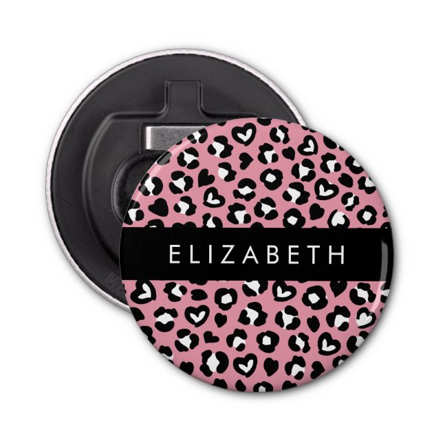 Animal Print, Pink Leopard, Hearts, Your Name Bottle Opener (Front)