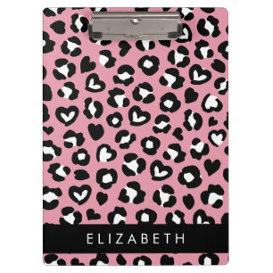 Animal Print, Pink Leopard, Hearts, Your Name Clipboard