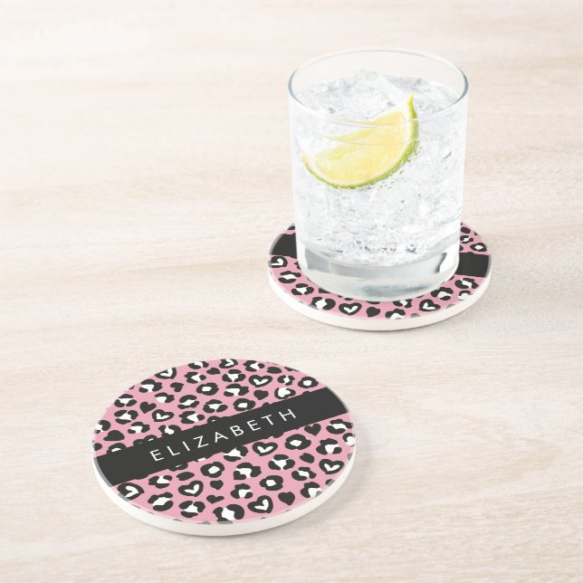 Animal Print, Pink Leopard, Hearts, Your Name Coaster (Side)
