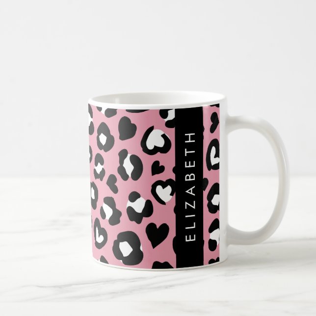 Animal Print, Pink Leopard, Hearts, Your Name Coffee Mug (Right)
