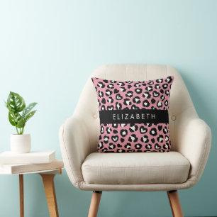Animal Print, Pink Leopard, Hearts, Your Name Cushion