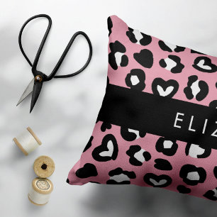 Animal Print, Pink Leopard, Hearts, Your Name Decorative Cushion