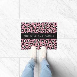 Animal Print, Pink Leopard, Hearts, Your Name Doormat