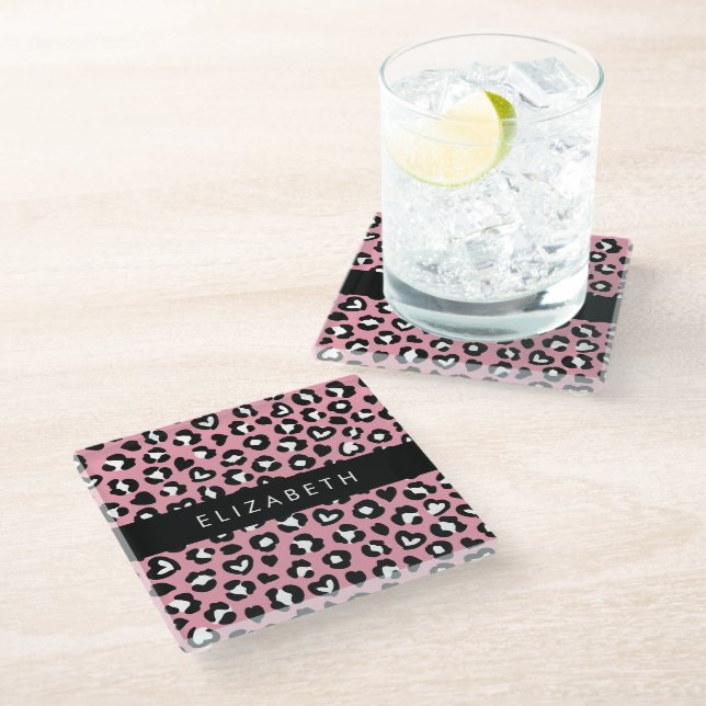 Animal Print, Pink Leopard, Hearts, Your Name Glass Coaster (Angled)