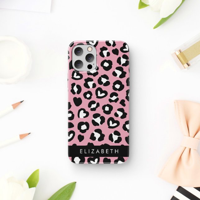 Animal Print, Pink Leopard, Hearts, Your Name iPhone 16 Case (Creator Uploaded)