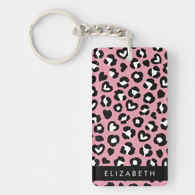 Animal Print, Pink Leopard, Hearts, Your Name Key Ring (Front)