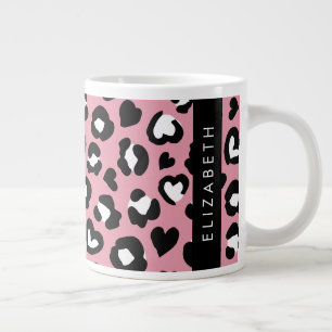 Animal Print, Pink Leopard, Hearts, Your Name Large Coffee Mug