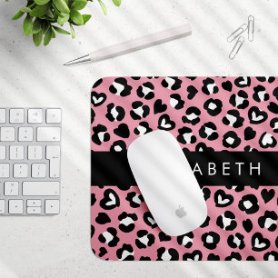 Animal Print, Pink Leopard, Hearts, Your Name Mouse Mat