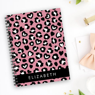 Animal Print, Pink Leopard, Hearts, Your Name Notebook