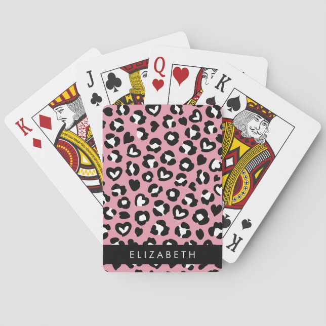 Animal Print, Pink Leopard, Hearts, Your Name Playing Cards (Back)