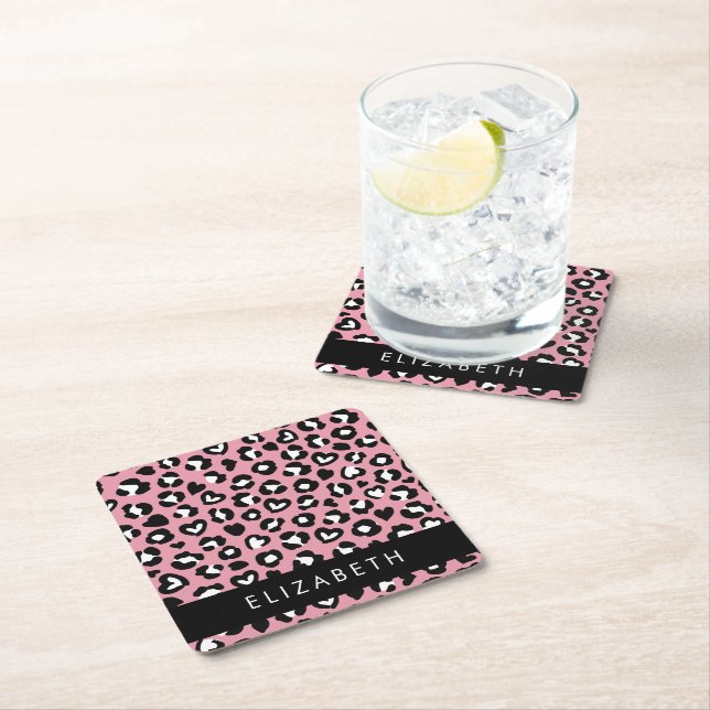 Animal Print, Pink Leopard, Hearts, Your Name Square Paper Coaster (Insitu)