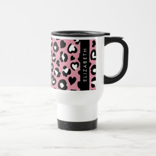 Animal Print, Pink Leopard, Hearts, Your Name Travel Mug