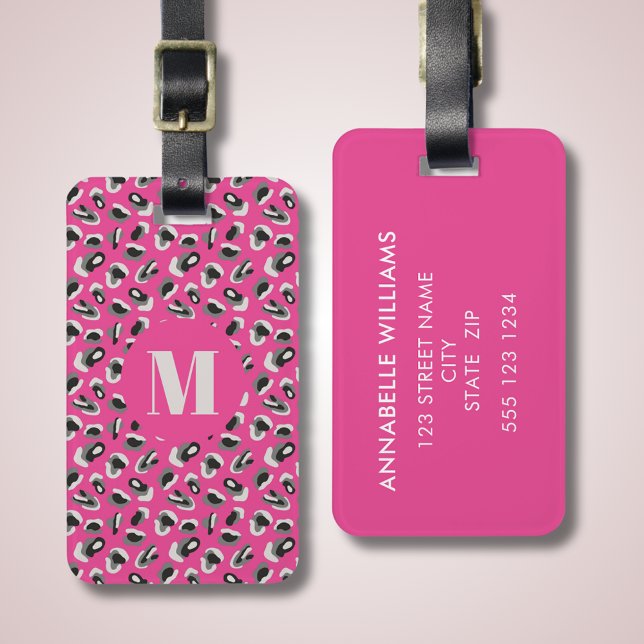 Animal Print pink leopard pattern Luggage Tag (Hot pink animal print monogram luggage tag with personalized contact details to reverse.)