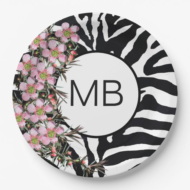 Animal Print Pink Wild Flower Monogram Black White Paper Plate (Front)