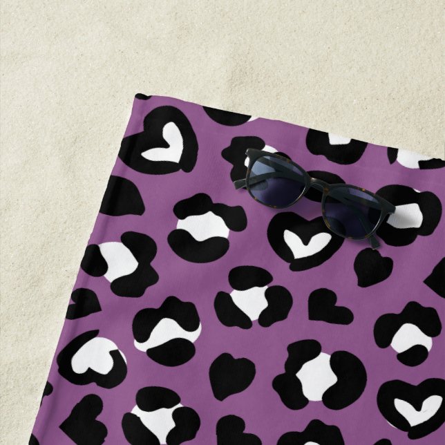 Animal Print, Purple Leopard, Cheetah Spots, Heart Beach Towel (In Situ)