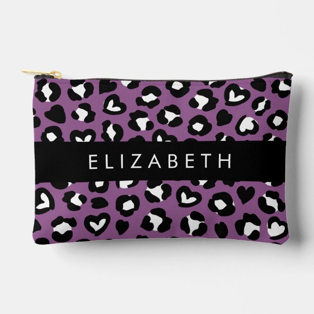 Animal Print, Purple Leopard, Hearts, Your Name Accessory Pouch (Front)