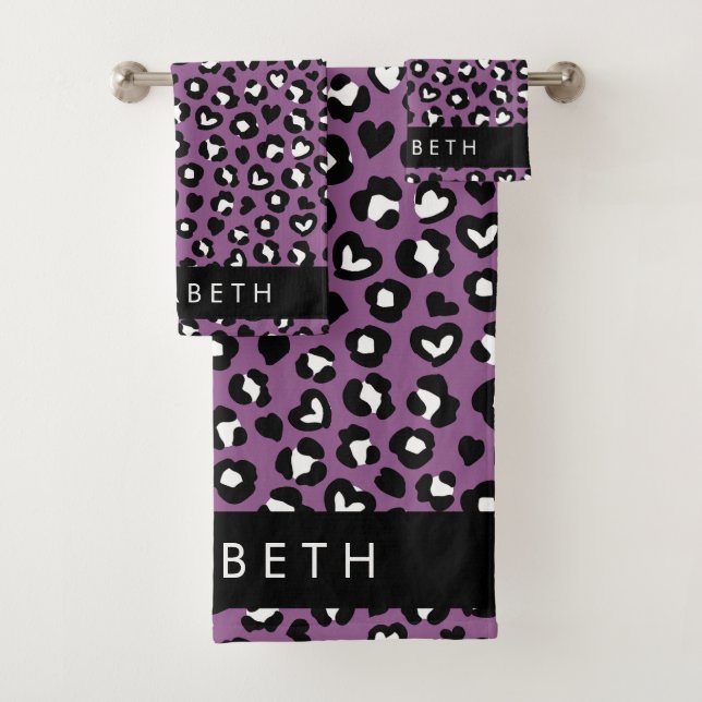Animal Print, Purple Leopard, Hearts, Your Name Bath Towel Set (Insitu)