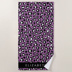 Animal Print, Purple Leopard, Hearts, Your Name Beach Towel