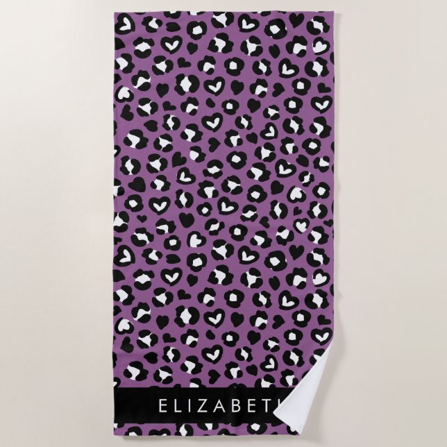 Animal Print, Purple Leopard, Hearts, Your Name Beach Towel (Front)