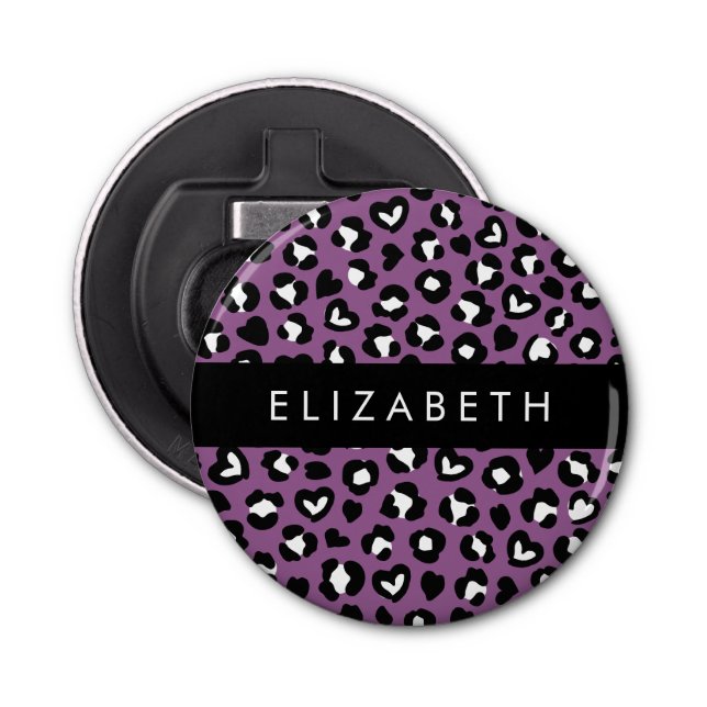 Animal Print, Purple Leopard, Hearts, Your Name Bottle Opener (Front)