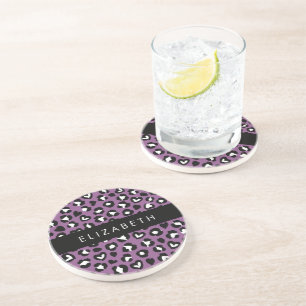 Animal Print, Purple Leopard, Hearts, Your Name Coaster
