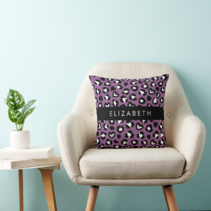 Animal Print, Purple Leopard, Hearts, Your Name Cushion