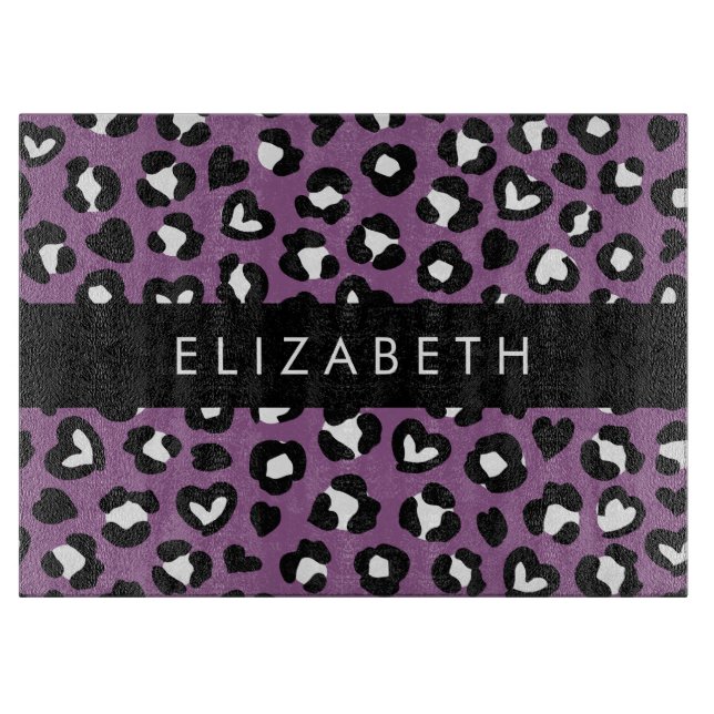 Animal Print, Purple Leopard, Hearts, Your Name Cutting Board (Front)