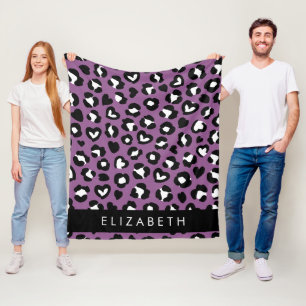 Animal Print, Purple Leopard, Hearts, Your Name Fleece Blanket