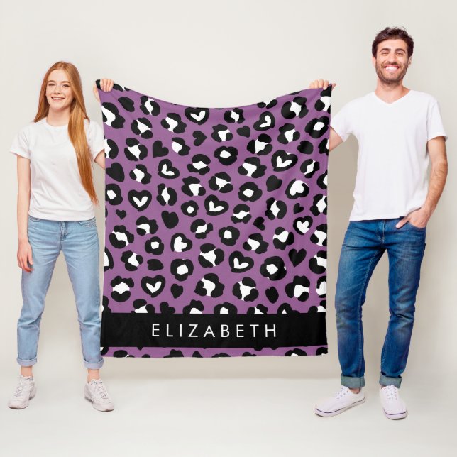 Animal Print, Purple Leopard, Hearts, Your Name Fleece Blanket (In Situ)