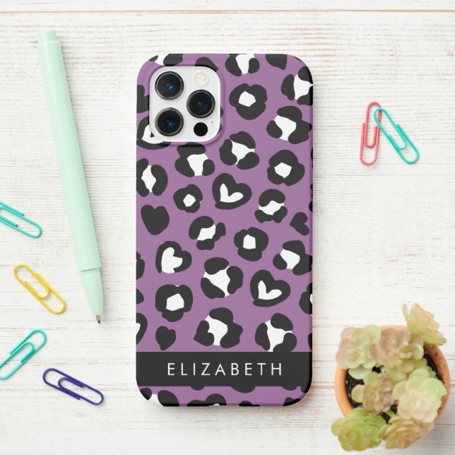 Animal Print, Purple Leopard, Hearts, Your Name iPhone Case (On Desk)
