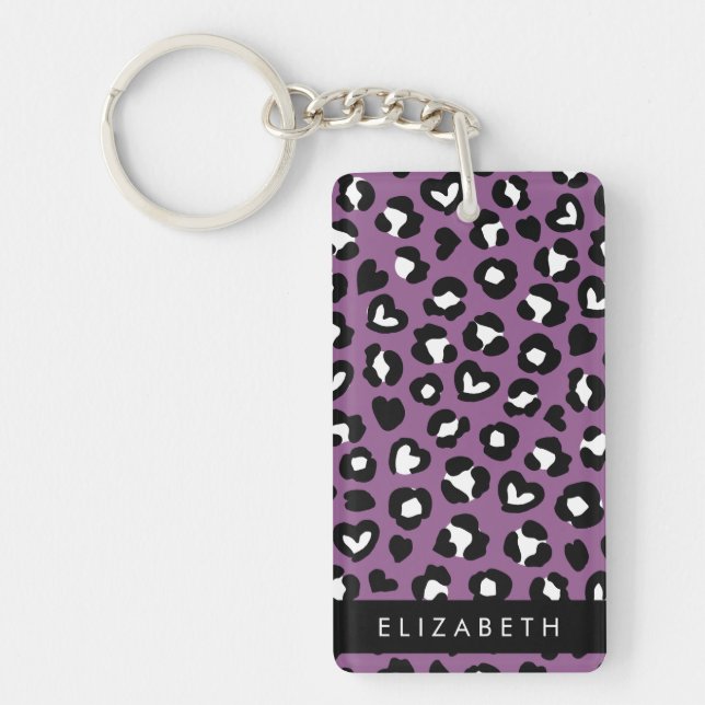 Animal Print, Purple Leopard, Hearts, Your Name Key Ring (Front)