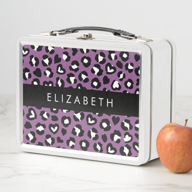Animal Print, Purple Leopard, Hearts, Your Name Metal Lunch Box (In Situ)
