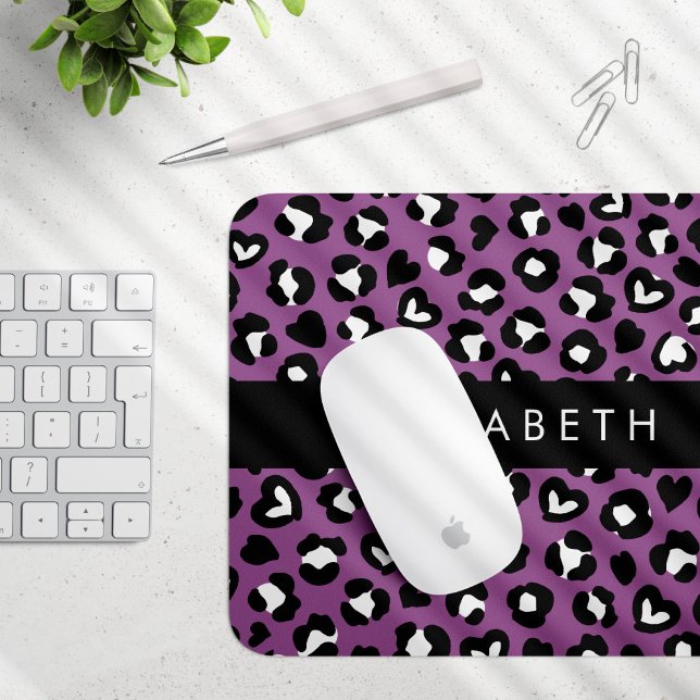 Animal Print, Purple Leopard, Hearts, Your Name Mouse Mat (Creator Uploaded)
