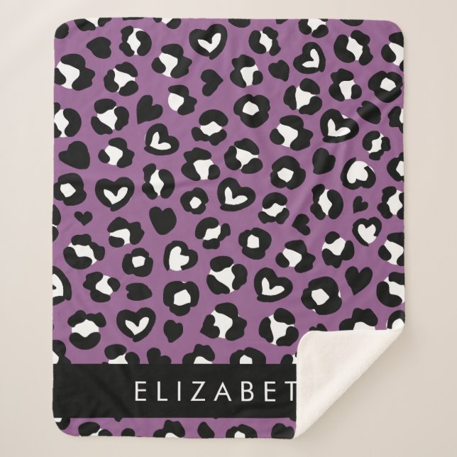 Animal Print, Purple Leopard, Hearts, Your Name Sherpa Blanket (Front)