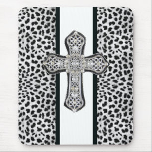 Animal Print & Rhinestone Cross Mouse Pad