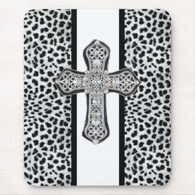 Animal Print  & Rhinestone Cross Mouse Pad (Front)