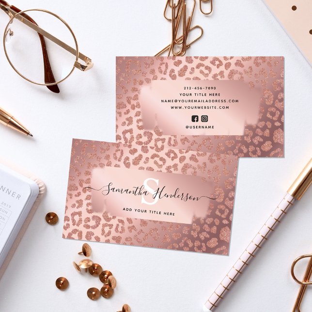  Animal Print Rose Gold Glam Glitter Social Media Business Card (Creator Uploaded)