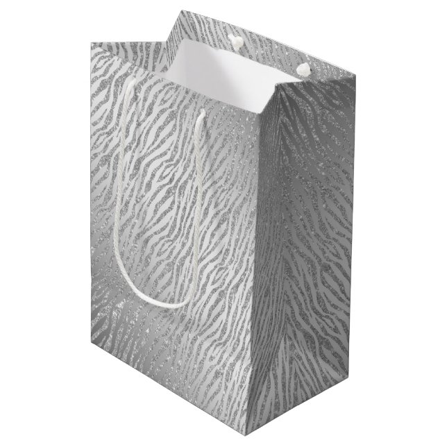 Animal Print Silver Glitter Glam Medium Gift Bag (Front Angled)