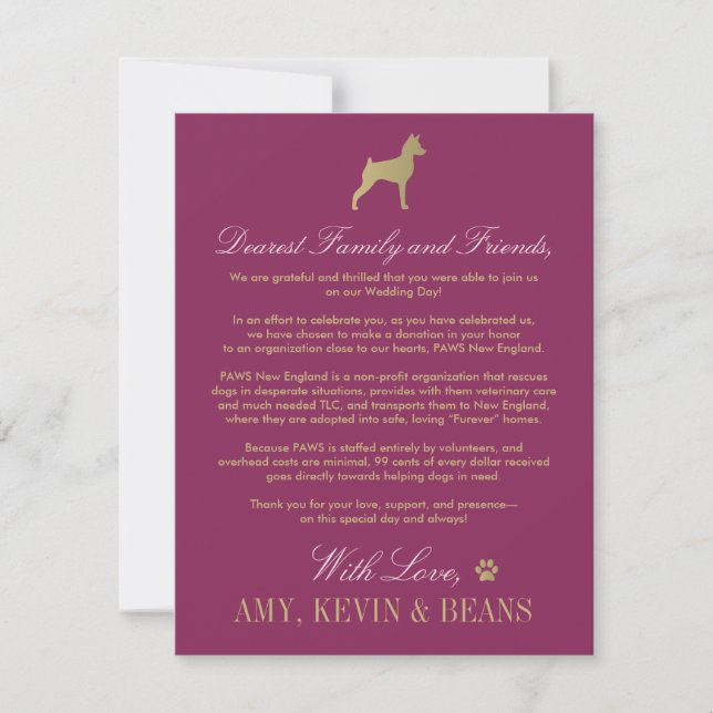Animal Rescue Donation Burgundy Gold Wedding Invitation (Front)