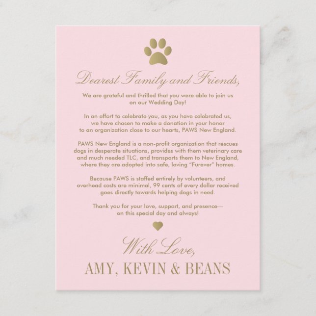 Animal Rescue Donation Pink Gold Wedding Enclosure Card (Front)