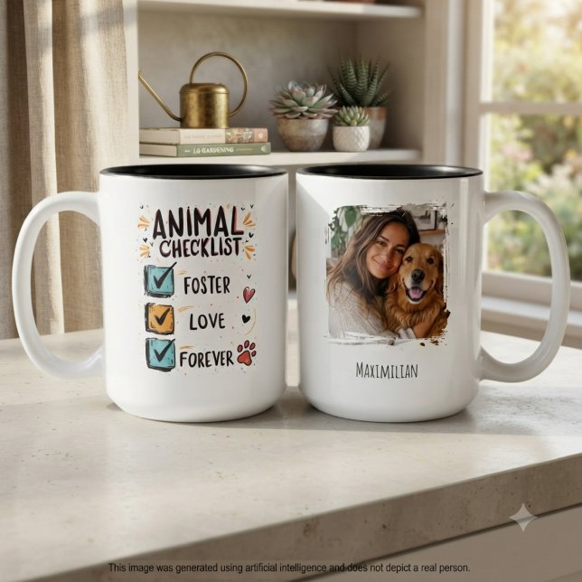 Animal rescue foster pet checklist Two-Tone coffee mug (A fun checklist for an animal foster parent to celebrate their latest pet adoption.)