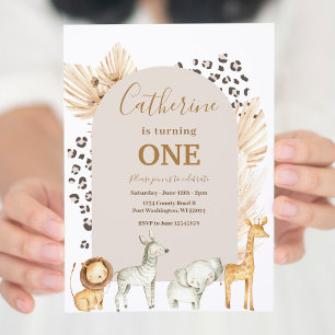 Animal Safari Arch Boho Pampas Grass Birthday  Invitation