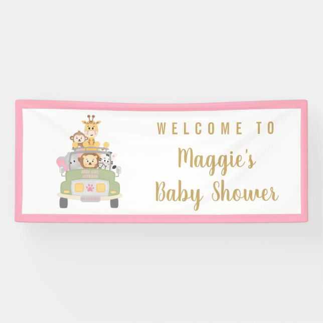 Animal Safari Cute Pink Baby Girl Shower Welcome Banner (Horizontal)